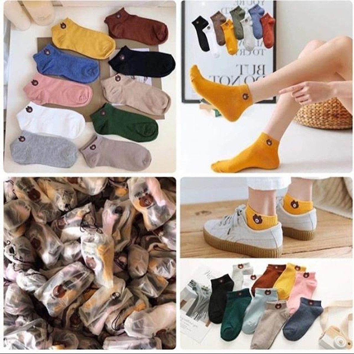 Set 5 Đôi Tất Nữ Cổ Ngẵn, Tất Gấu Thời Trang Vintage Nhiều Màu