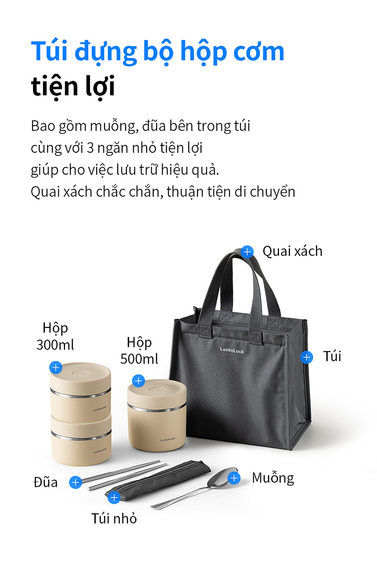 Bộ hộp cơm giữ nhiệt LocknLock Lunch Box LHC8052S02, Hàng chính hãng, 3 hộp giữ nhiệt, kèm túi và bộ muỗng đũa