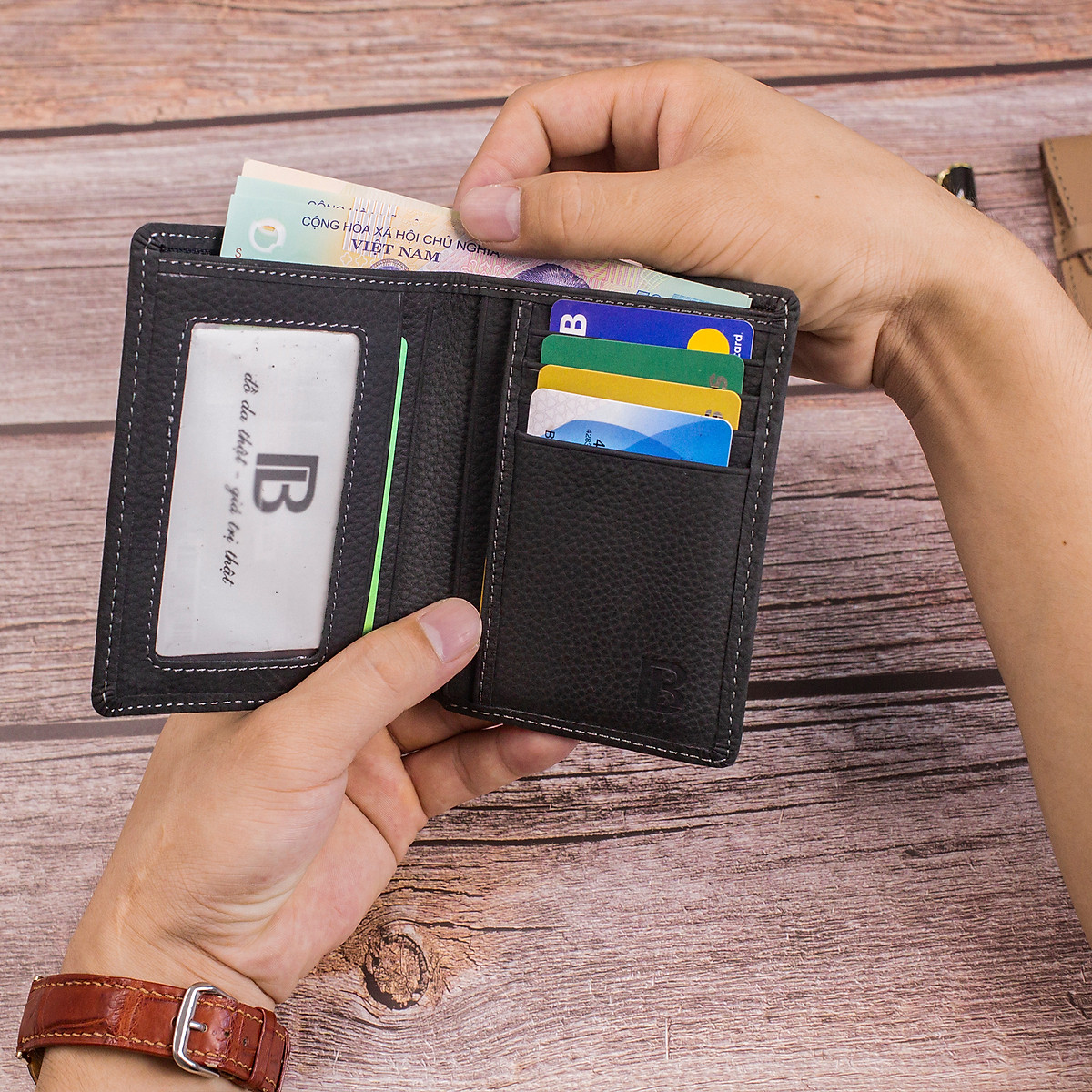 Ví nam, bóp nam da bò sáp Mexico Bụi Leather V102 - Bảo hành 12 tháng