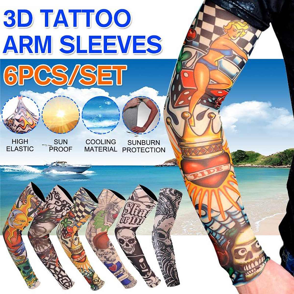 Mua 6PCS 3D Tattoo UV Protection Arm Sleeves Cooling Nylon Breathable High Elastic Outdoor Cycling Driving Arm Sleeves for Men Mua 6PCS 3D Tattoo UV Protection Arm Sleeves Cooling Nylon Breathable High Elastic Outdoor Cycling Driving Arm Sleeves for Men
