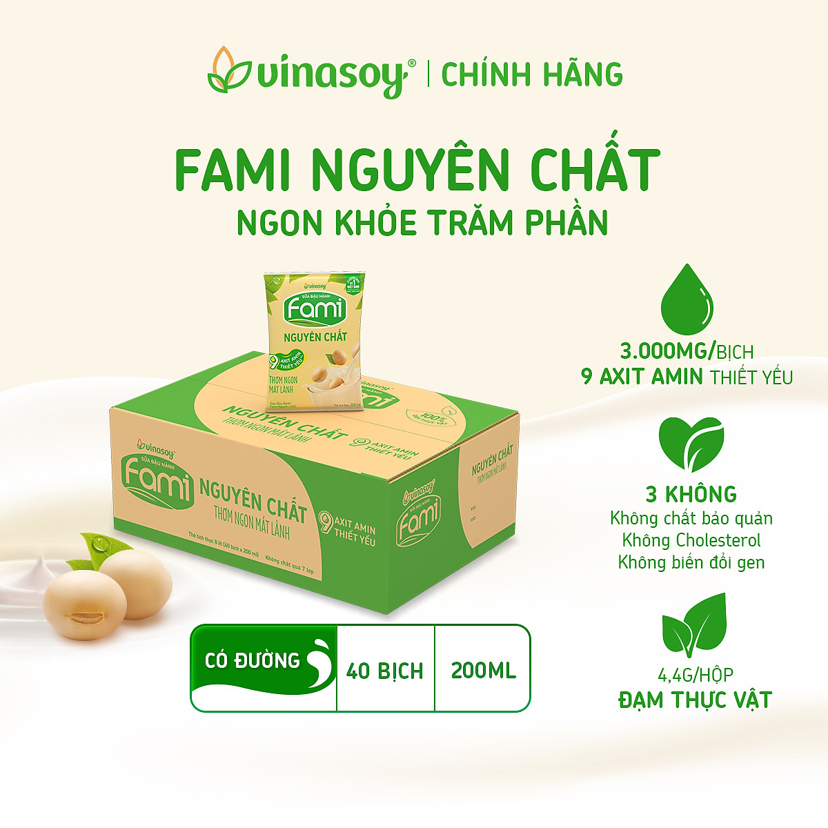 Thùng Sữa đậu nành Fami nguyên chất (200ml x 40 Bịch)