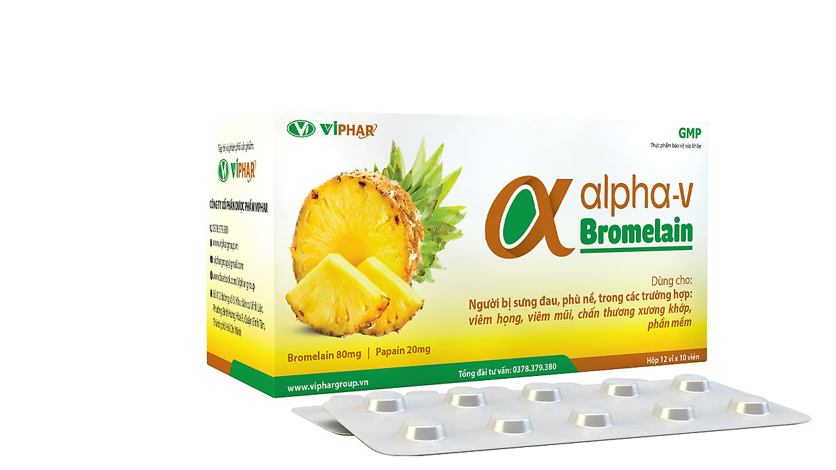 [ ALPHA V BROMELAIN Hộp 120v] Hỗ Trợ Giảm sưng, đau, phù nề, tụ máu