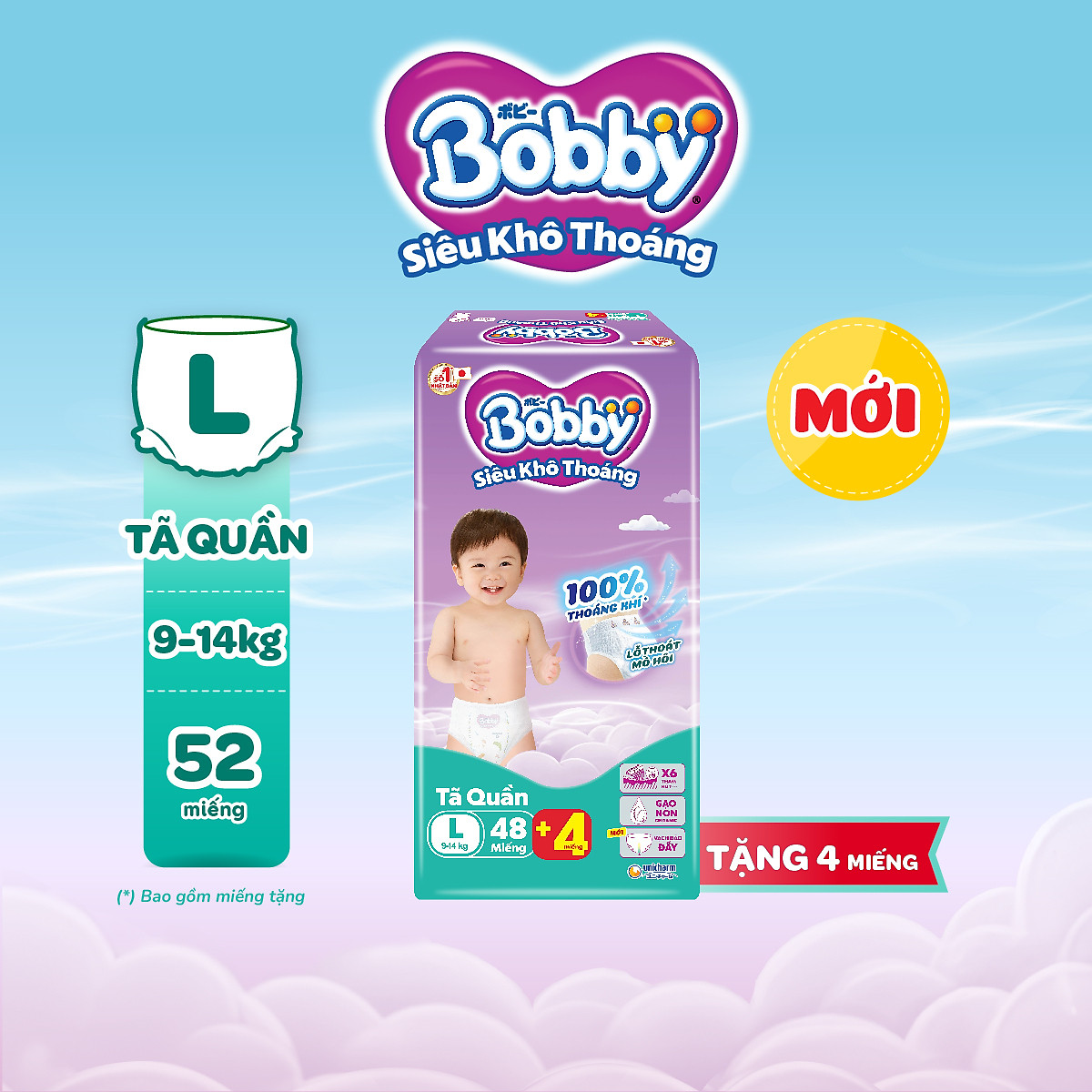 Tã quần Bobby Siêu Khô Thoáng - 100% Thoáng Khí Super Jumbo