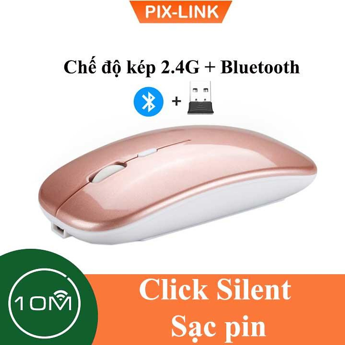 Chuột Bluetooth Không Dây PIX-LINK P90A Wireless USB Tự Sạc Pin Siêu Mỏng, Chống Ồn - Hàng Chính Hãng