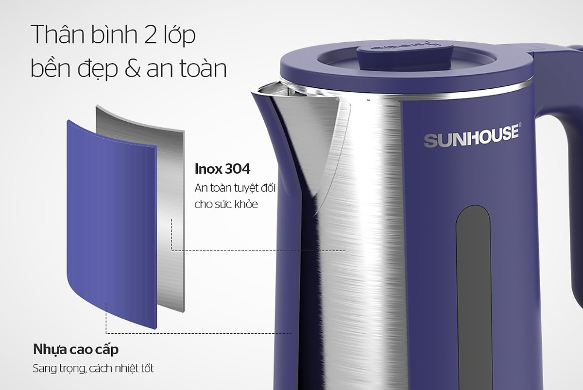 Ấm Siêu Tốc Inox 2 Lớp 1.8L Sunhouse SHD1355 - Hàng Chính Hãng