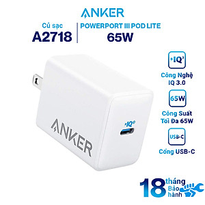 Adapter Sạc Anker 1 cổng 65W Hỗ Trợ Sạc Nhanh PIQ 3.0 PowerPort III Pod Lite - A2718 - Hàng chính hãng