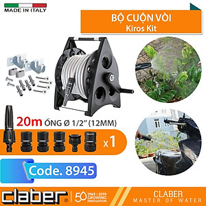 Bộ Cuộn Ống Tưới Cây Claber Kiros Kit 8945 loại 20 mét, vòi tưới 2 chế độ, 4 khớp nối nhanh, 1 khớp nối vòi, Tặng thêm 1 vòi tưới cao cấp khác ngoài vòi có sẵn trong bộ
