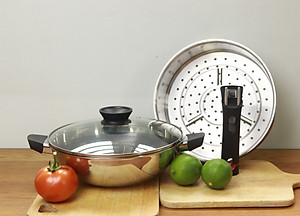 Bộ chảo xửng cao cấp Blackcube T&K Kims Cook 24cm , 3 lớp đúc liền inox 304 ,  tặng 10 muỗng ăn