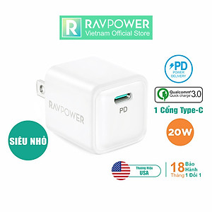 Adapter Củ Sạc Siêu Nhỏ RAVPower RP-PC150 USB Type C PD 20W Sạc Nhanh iPhone, iPad, Android - Hàng Chính Hãng