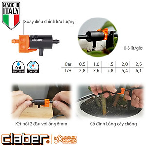 Đầu Tưới Nhỏ Giọt Liền Trục Claber 91217, điều chỉnh được lưu lượng 0-6l/h, bịch 10 cái, kết nối ống 4-6mm