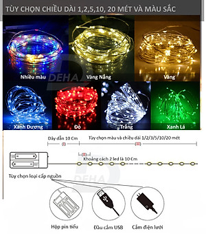 Dây đèn led đom đóm trang trí decor phòng, du lịch cắm trại, fairy light cao cấp (tùy chọn loại nguồn cấp, chiều dài dây và màu sắc)