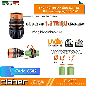 Khớp Nối Nhanh Claber Ergogrip 8542, nhựa ABS, kết nối 2 cỡ ống 12-14mm