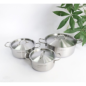Bộ Nồi Inox 430 cao cấp 1 Đáy Fivestar 3 Chiếc Nắp Inox , dùng được mọi bếp , tặng 1 rổ inox 22cm