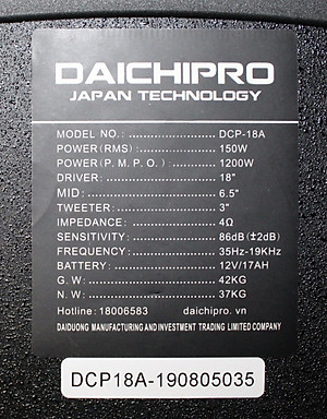 Loa Kéo Di Động Karaoke Bass 50 Daichipro DCP-18A (1200W) 5 Tấc - Chính Hãng