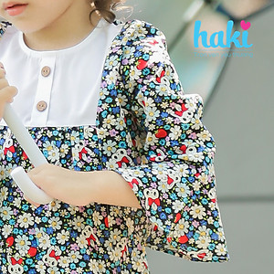 Váy bé gái phối ngực tay chuông Haki - Hoa gấu