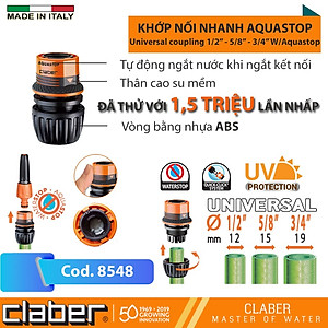 Khớp Nối Nhanh Tự Ngắt Nước Claber Aquastop 8548, nhựa ABS, nối 3 cỡ ống 12-14-19mm