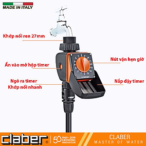 Bộ Hẹn Giờ Tưới Cây Tự Động 15 Kênh Vặn Claber Aquauno Logica 8422, ngõ vào ren 27mm, dùng pin 9V, 2 lần tưới trong ngày