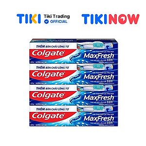 Bộ 4 Kem đánh răng Colgate bạc hà the mát Maxfresh 225g/tuýp tặng bàn chải đánh răng lông mềm