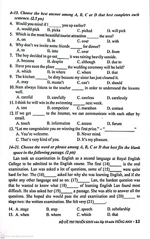 Sách Bộ Đề Thi Tuyển Sinh Vào Lớp 10 Môn Tiếng Anh ( Lưu Hoằng Trí )