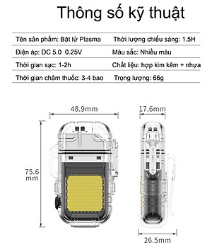 Vỏ Hột Quẹt Hojon F33 Plasma 2 Tia Sạc USB Kiêm Đèn Pin Siêu Sáng Chống Nước Cực Tốt - Nhiều Màu