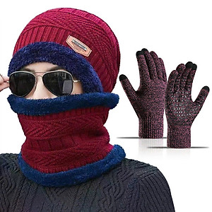 Mũ len nam nữ trùm đầu kèm khăn quàng cổ và găng tay ấm áp thời trang mùa đông