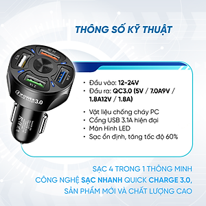 Tẩu Sạc Nhanh Thông Minh Quick Charge 3.0 | Tẩu Sạc Nhanh Thông Minh 4 Cổng USB Công Nghệ Sạc Nhanh Quick Charge 3.0, Tương Thích Nhiều Thiết Bị, Ổn Định Dòng Sạc