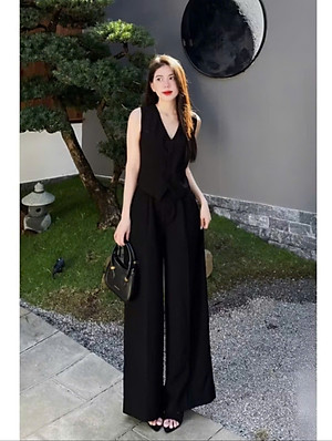 Bộ Linen nữ gồm 1 áo vest vạt nhọn và 1 quần ống rọng cạp cao, tôn dáng, trẻ trung Bv10