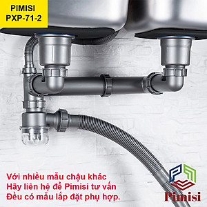 Bộ Xi Phông Xả Thải Bồn Rửa Chén 2 Hố Pimisi PXP-71-2 Cao Cấp - Loại Ống Thải Nhựa Cứng Không Đọng Nước - Cốc Inox 304 Phi 110mm (11cm), Lọc Rác, Bầu Chống Mùi Hôi Và Giảm Dầu Mỡ Ống Dẫn - Có Thoát Tràn | Hàng Chính Hãng