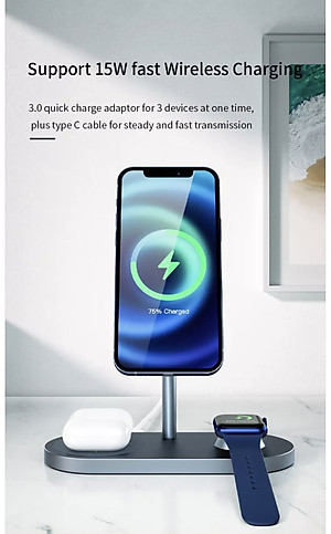 Đế Sạc Wiwu Power Air X23 3 In 1 Dành Cho Apple Watch, Iphone 12 Series, Tai Nghe Không Dây Hỗ Trợ Sạc Nhanh 15W - Hàng Chính Hãng
