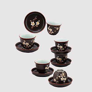 Bộ ấm chén tử sa khắc hoa Đào chính hãng gốm sứ Bát Tràng (bộ bình uống trà, bình trà) 