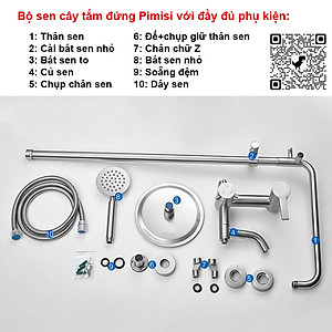 Bộ vòi hoa sen cây tắm đứng nóng lạnh inox 304 kiểu tròn Pimisi đầy đủ phụ kiện với bát sen to - bát nhỏ cầm tay tăng áp dùng được cho cả nhà tắm nhỏ và thấp | Hàng chính hãng