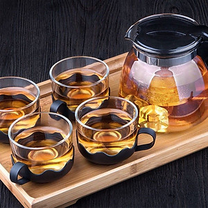 Bộ Bình Trà Thủy Tinh Kèm 4 Ly Lưới Lọc Inox 304 Không Gỉ Tiện Lợi - Hàng Chính Hãng