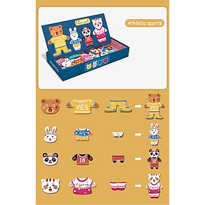 Bộ Đồ Chơi Xếp Hình thay quần áo gia đình nhà Thỏ- Gấu- Động Vật- Chất liệu gỗ, có nam châm