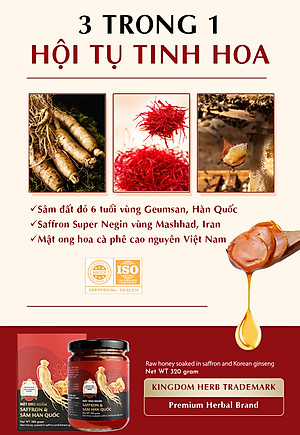 Sâm mật ong saffron Kingdom Herb chính hãng thượng hạng hộp 320g (tặng que lấy mật và bình thuỷ tinh)