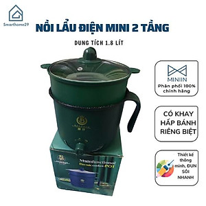 Nồi Lẩu Điện Đa Năng Mini Ca Nấu Mì, Cơm Đa Năng 2 Tầng Cao Cấp Núm Xoay 2 Nấc Nhiệt Kèm Giá Hấp 1,8L Chính Hãng MINIIN