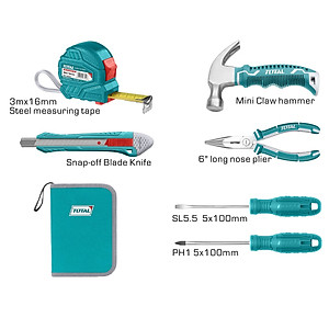 Bộ dụng cụ 6 món gồm búa, thước, dao, kềm, tua vít có hộp đựng TOTAL THKTHP90066 - Đa năng, 6in1, làm từ thép chuyên đụng CR-V