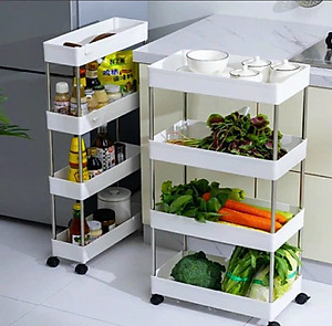 Kệ đựng đồ 4 tầng có bánh xe, giá để đồ 4 ngăn có bánh xe xoay 360 độ, xe để đồ 4 tầng