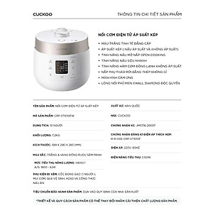 Nồi cơm điện tử áp suất kép Cuckoo CRP-ST1010FW (1.8L) (màu trắng) - Hàng Chính Hãng