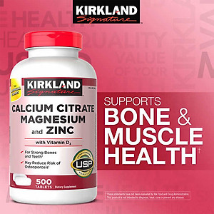 Canxi Cho Người Lớn Kirkland Signature Calcium Citrate Magnesium And ZinC Chứa Thêm: Mange, Kẽm, Vitamin D, Vitamin B6 Giúp Xương Chắc Khỏe Và Giảm Đâu Nhức, Tăng Miễn Dịch, Ngủ Ngon - Chai 500 Viên