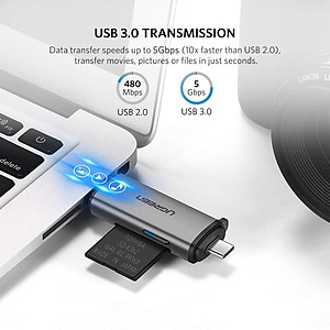 Đầu đọc thẻ nhớ SD, TF chân Type C, USB 3.0 Ugreen 50706 - Hàng chính hãng
