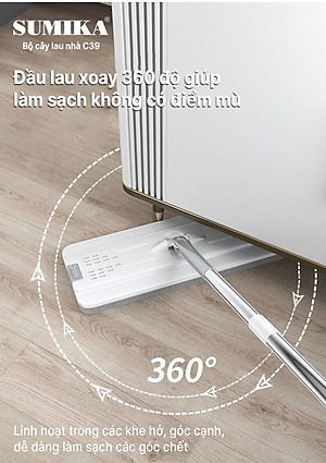 Bộ cây lau nhà SUMIKA C39, thùng lau nhà 2 ngăn tự vắt thông minh, chổi lau sàn nhà 360 độ, 2 bông lau, 1 móc treo cây lau sàn