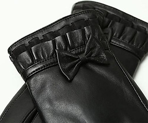 Găng tay nữ da cừu phối nơ nữ tính - BHY8714 Bao tay nữ mùa đông, lót lông, giữ ấm, cản gió, chống nước, cảm ứng điện thoại.