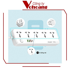 [Mỹ] Ổ cắm điện Energizer đa năng 5AC kèm 3USB-A và 1USB-C sạc nhanh PD (max PD 20W) - Energizer EPB2501EU