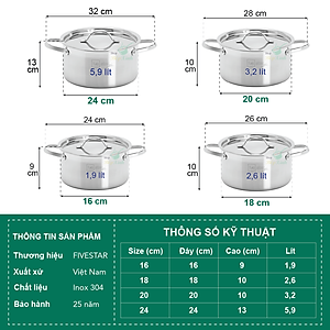 Bộ nồi inox bếp từ Fivestar 3 lớp đáy liền inox 304 nắp inox - tặng 1 vá canh