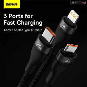 Cáp sạc nhanh 3 đầu Baseus Flash Series Ⅱ PRO Two-for-three Charging Cable U+C to M+L+C 100W (Hàng chính hãng)