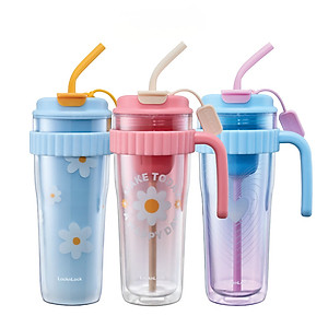 Ly nhựa 2 lớp LocknLock HAP538 Spring Double Wall Cold Cup - Dung tích 890ML - Kèm ống hút