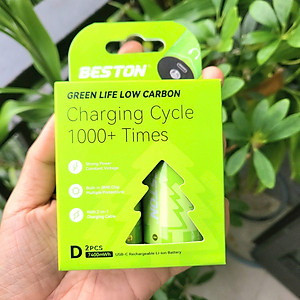 Hộp 2 viên Pin đại Beston 1.5V 7400mWh cổng sạc USB-C - cỡ D dùng cho đèn pin, bếp ga, thiết bị công nghiệp