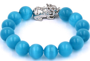 Vòng tay đá mắt mèo xanh biển 12 ly - cẩn Tỳ Hưu inox VMEXBTHT12 - hợp mệnh Thủy, mệnh Mộc