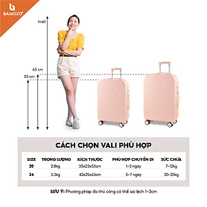 Vali du lịch thời trang BAMOZO 8812 MÀU HỒNG NHẠT size 20/24 , vali kéo chống trầy xước được bảo hành 5 năm
