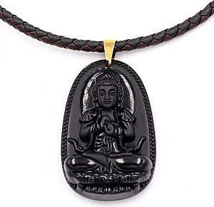 [Tuổi Mùi, Thân] Dây Chuyền Mặt Phật Đại Nhật Như Lai Thạch Anh Đen 5cm + Dây Da - Mặt Size Lớn - Tặng Kèm Móc Inox - May Mắn - Bình An